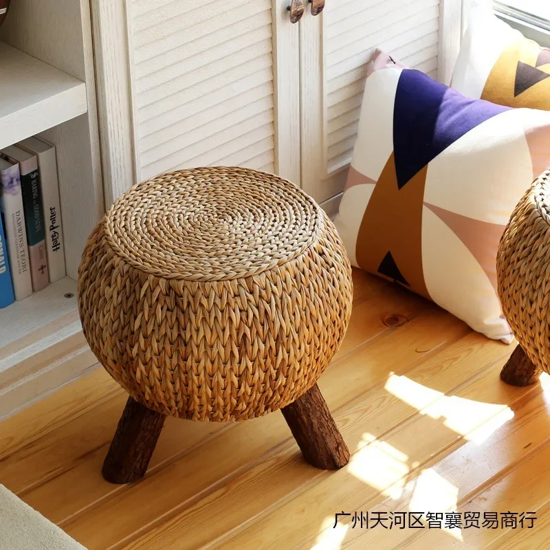 Rattan Handmade Rustic Round Footstool Household Multi functional Wooden 3 Leg Portable Wicker Ottoman Footrest Comfortable Gift