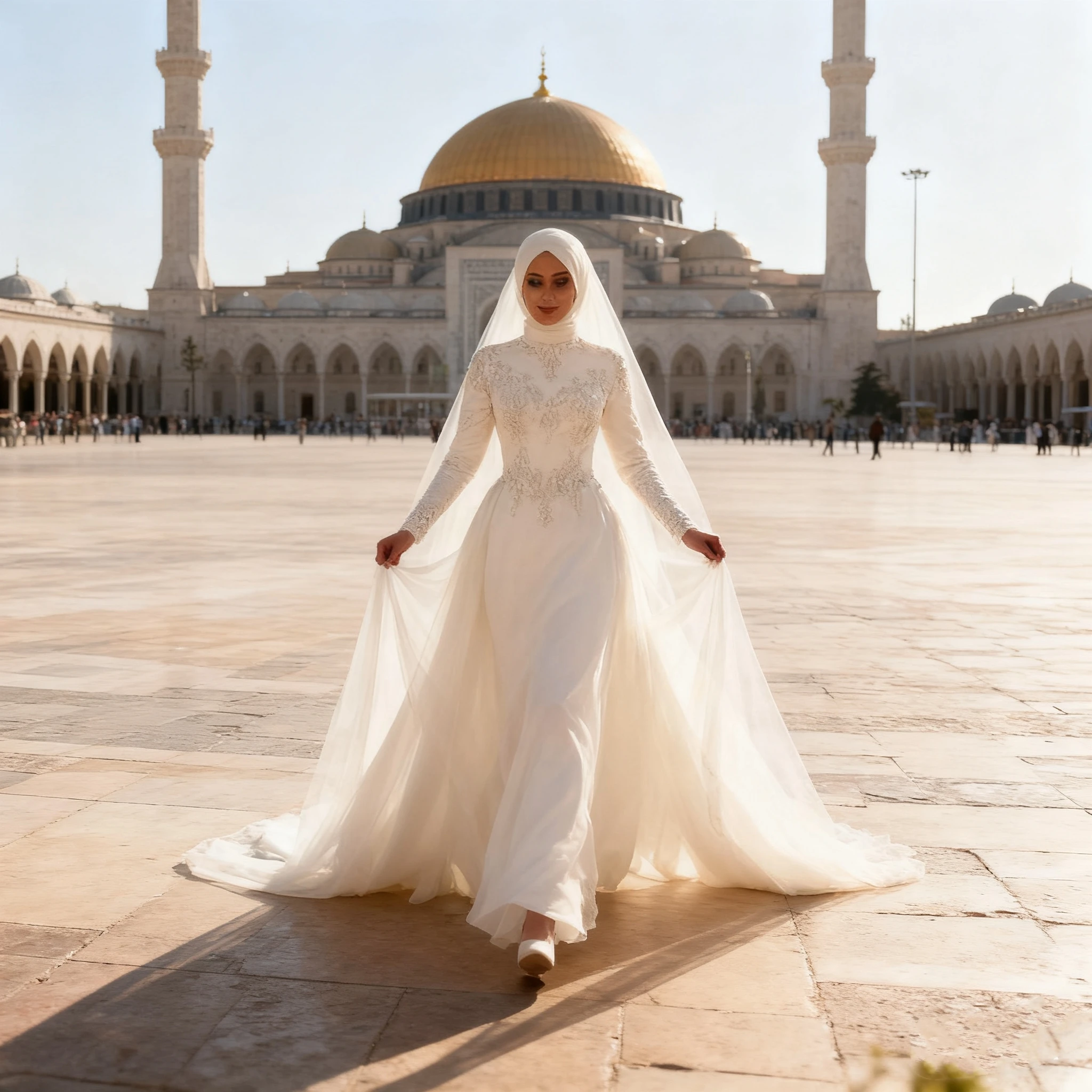 Elegant Hijab Muslim Lace A Line Wedding Dresses High Neck Long Sleeves Arabic Dubai Bridal Gowns Pearls Beaded Ivory Tulle