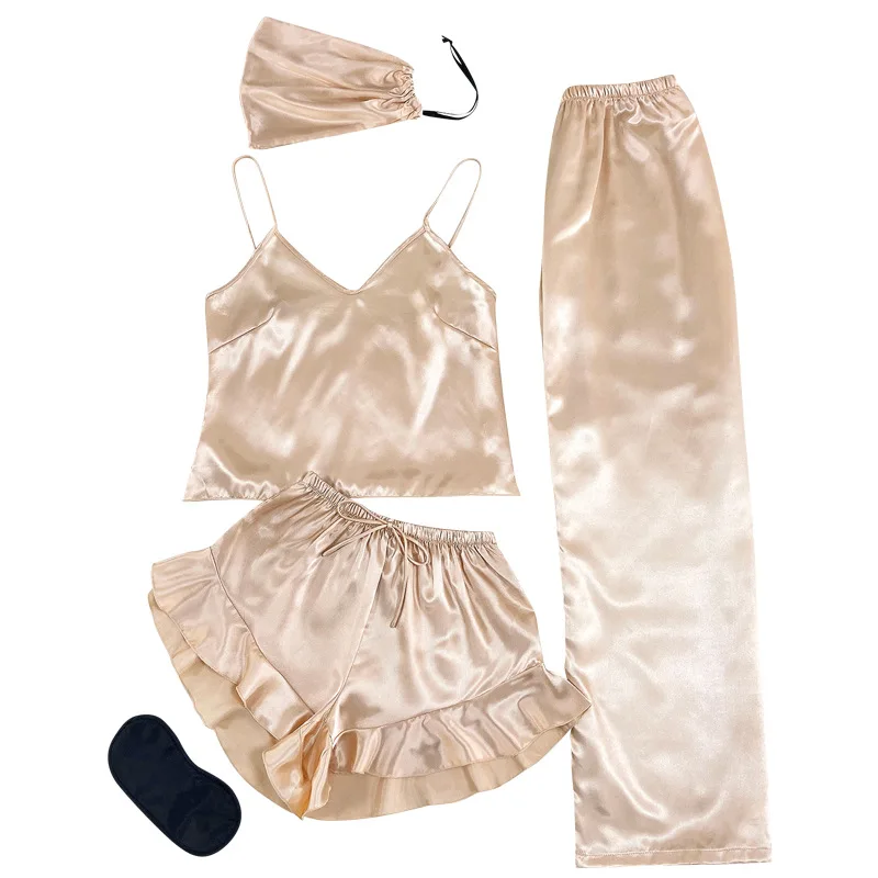 Thin Three-piece Women's Pajamas Spring Summer Ice Silk Sexy V-neck Halter Shorts Long Pants Home Wear Casual Soft Pajamas Set