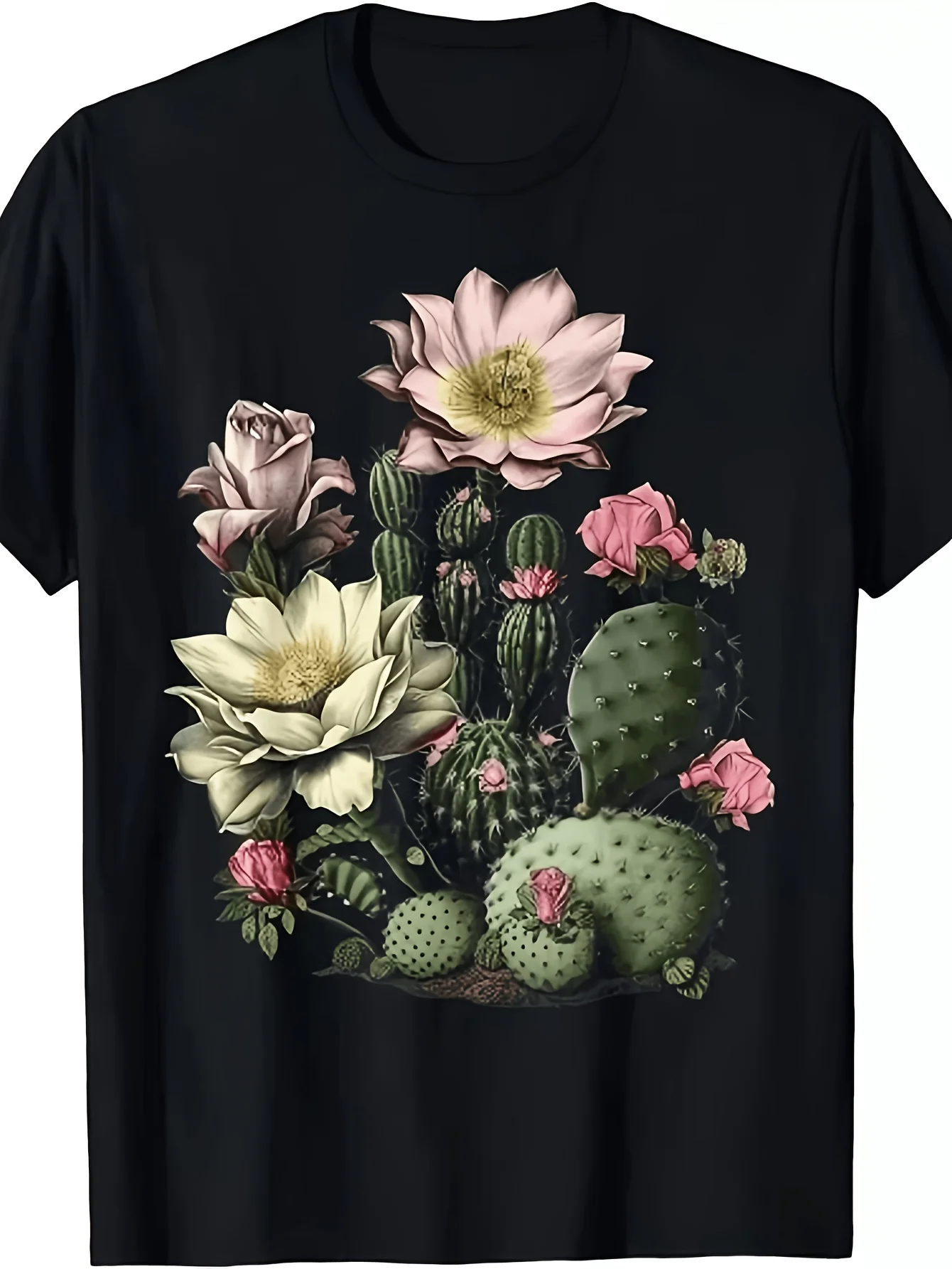 Unisex Cactus Succulent Plant T-Shirt for Men, Heavyweight Short-Sleeve Crew Neck T-Shirt, Vintage Desert Plant Print, Suitable for All Seasons, Gift for Cactus and Succulent Enthusiasts, Vintage Casual Short-Sleeve T-Shirt, Crew Neck with Printed Design