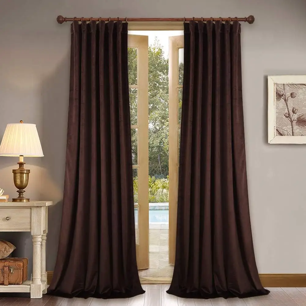 

Brown Velvet Curtains 90 inches Long Luxury Back Tab Thermal Insulated Room Darkening Window Drapes for Sliding Door/Liv