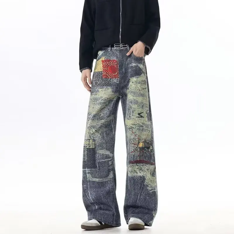 

Мужские джинсы с цифровым принтом в стиле ретро, свободные прямые брюки, тяжелые повседневные брюки Du для молодежи и студентов