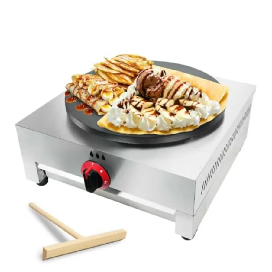 

Commercial kitchen crepe maker: 16-inch stainless steel griddle with nonstick surface, adjustable temperature control, silver f