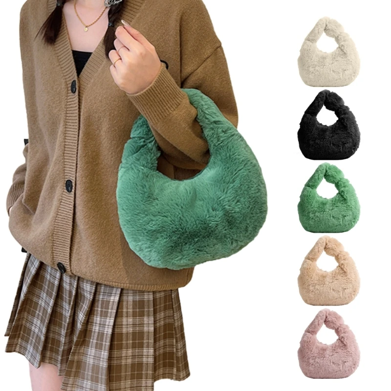 

X5XA Faux Furs Half Moon Bag Fashion Handbag Winter Plush Shoulder Bag Casual Tote Bag Soft Plush Women Underarm Bags