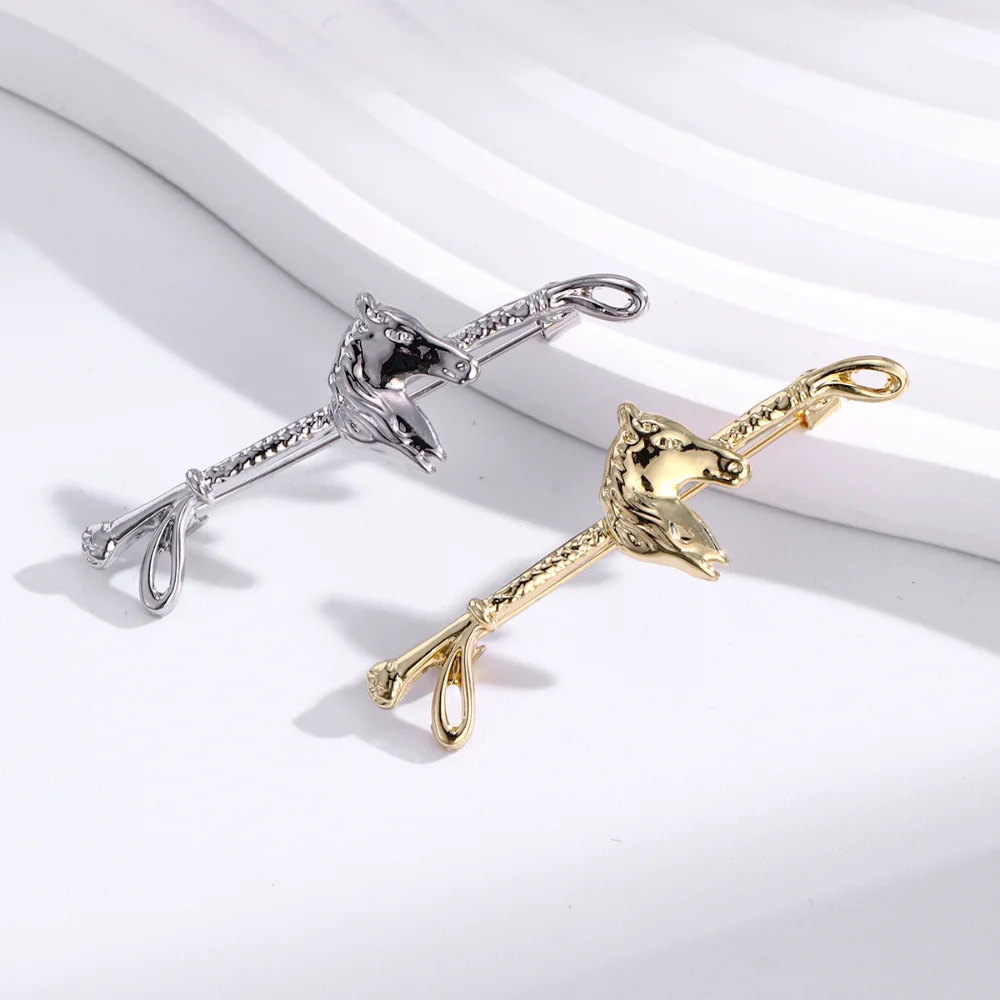 Exquisite Metal Horsehead Whip Brooch Zodiac Horse Metal Long Brooch Men's and Women's Coat Animal Collar Decoration view 5