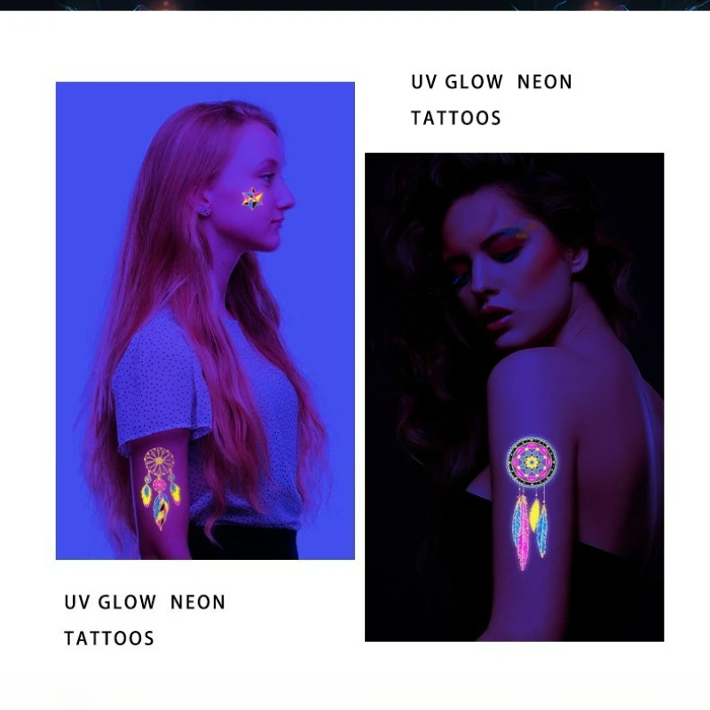 8pcs Fluorescent Tattoos Stickers UV Neon Luminous Glow in the Dark For Body Face Arm Tattoo Stickers Waterproof Party Accessori