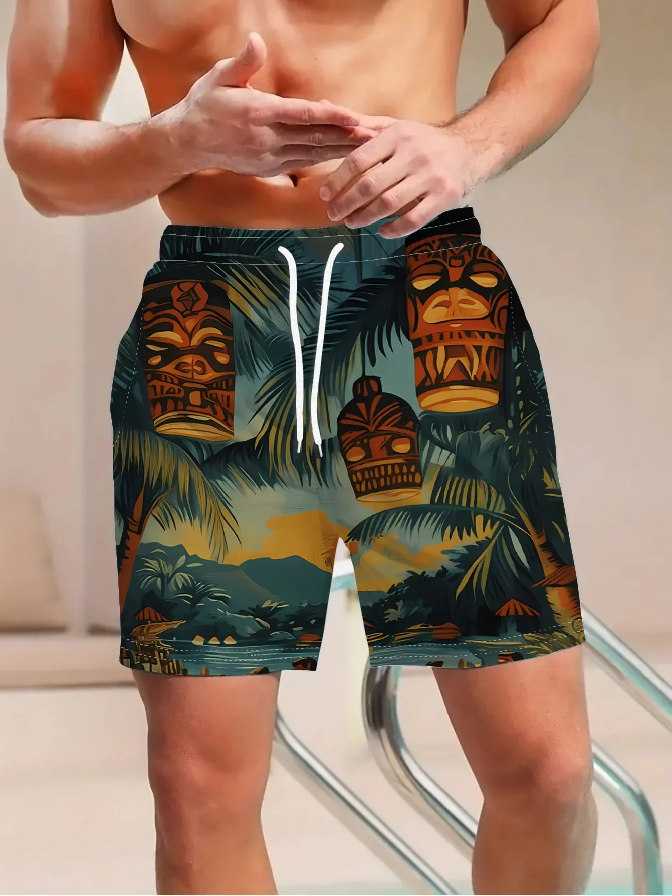 Men Summer Retro Hawaii Tropical Sea Element Tiki Totem All Over Print Quick Dry Streetwear Vacation Swim Trunks