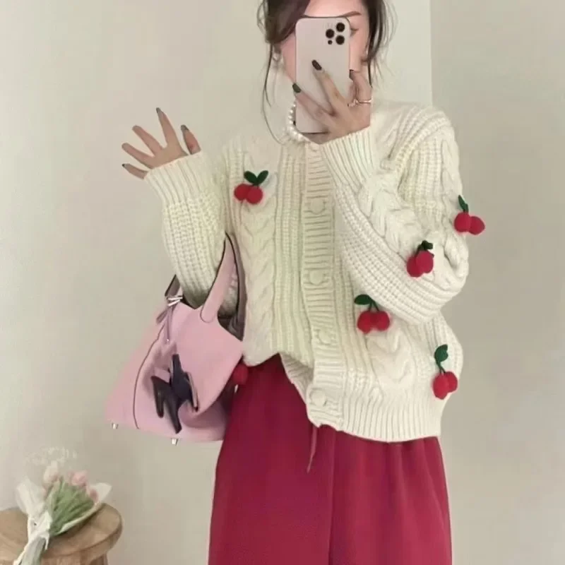 3d Cherry Sweet Cardigan Sweaters Women Casual Elegant Long Sleeve Korean Knitted Coat Fall Loose Fashion Design Female Top