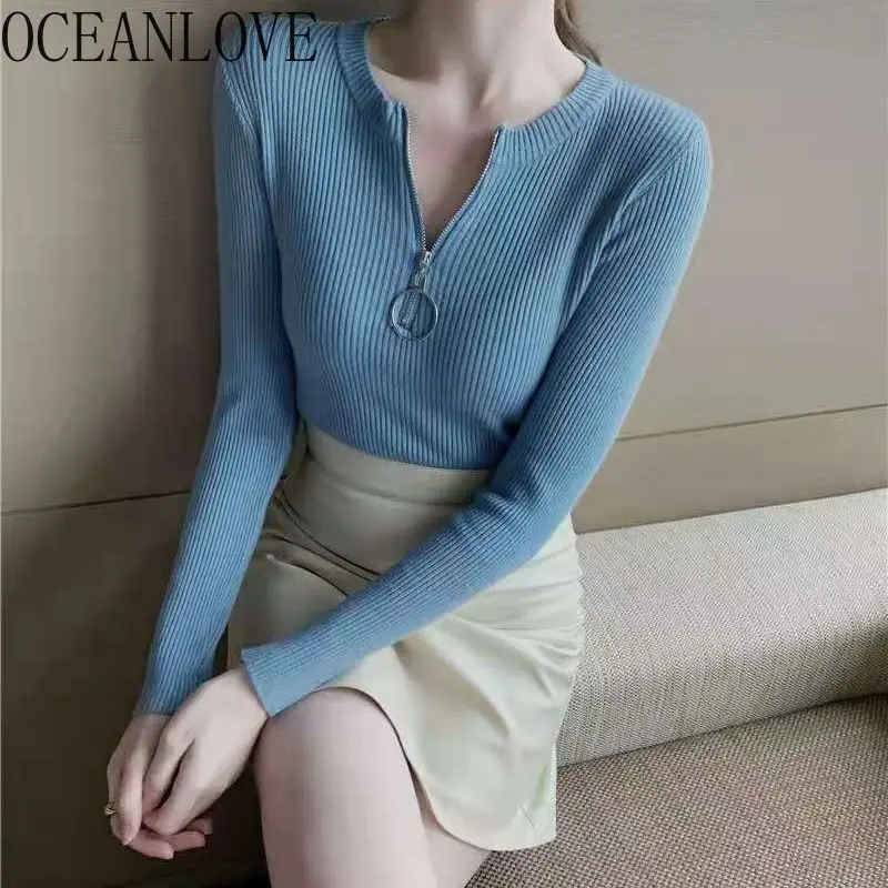 

OCEANLOVE женские свитера на молнии однотонные осенние зимние корейские модные пуловеры базовые винтажные тонкие повседневные женские свитера