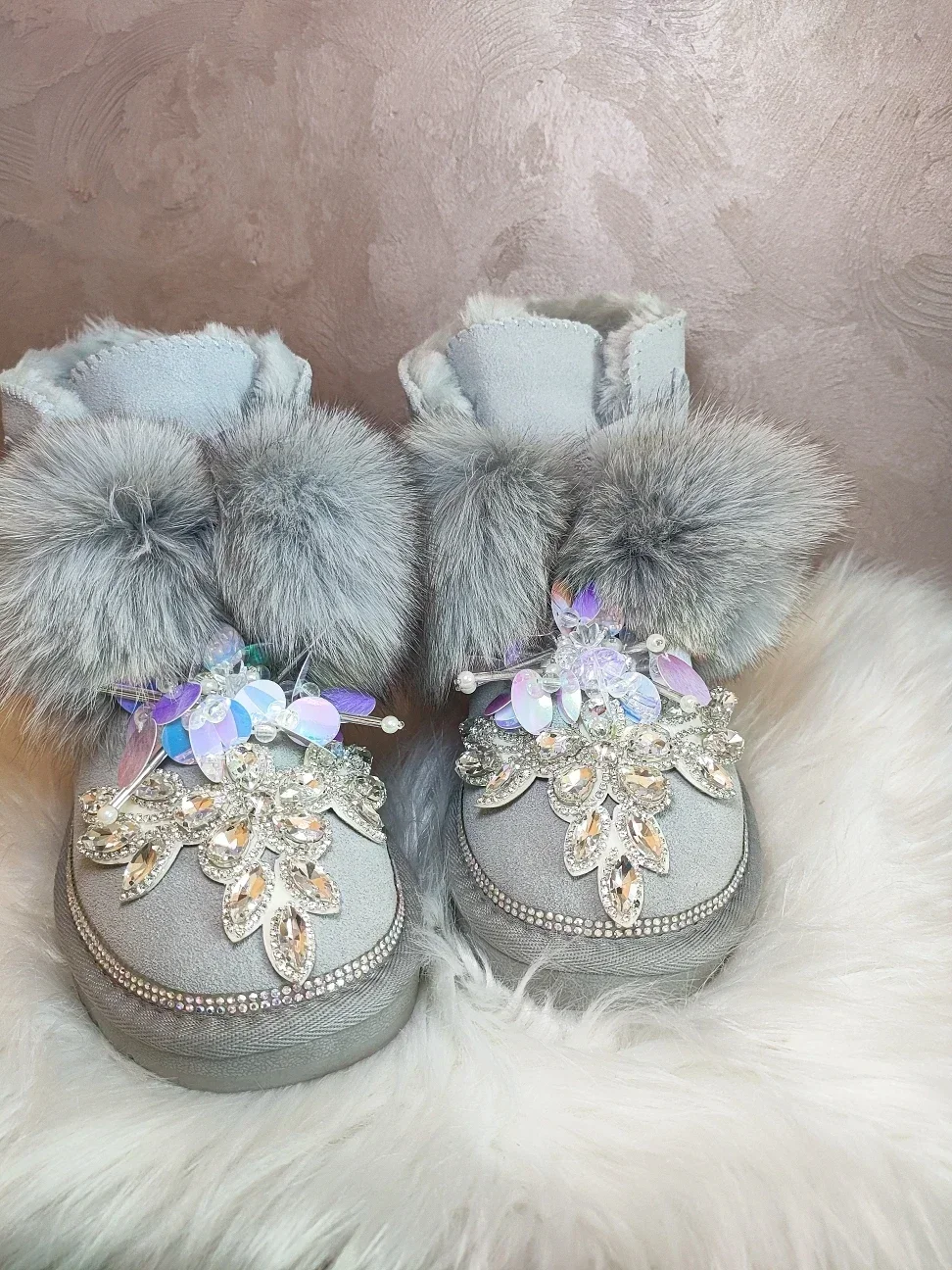 Womens Real Fox Fur Ankle Boots Rhinestones Crystal Lace Up Flats Warm Winter Snow Shoes Thick Gray