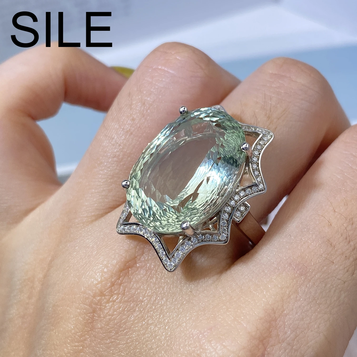 

SILE 20.65 Carat Green Crystal Big Gemstones Rings For Women Original 925 Sterling Silver Fine Jewelry Wedding Engagement Ring