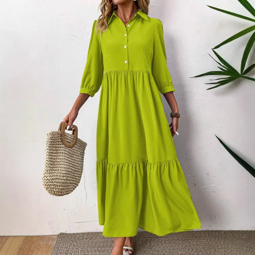 Moda feminina manga comprida solta e estilo de emagrecimento vestido camisa longa senhoras casual cor sólida lapela vestido de deslocamento