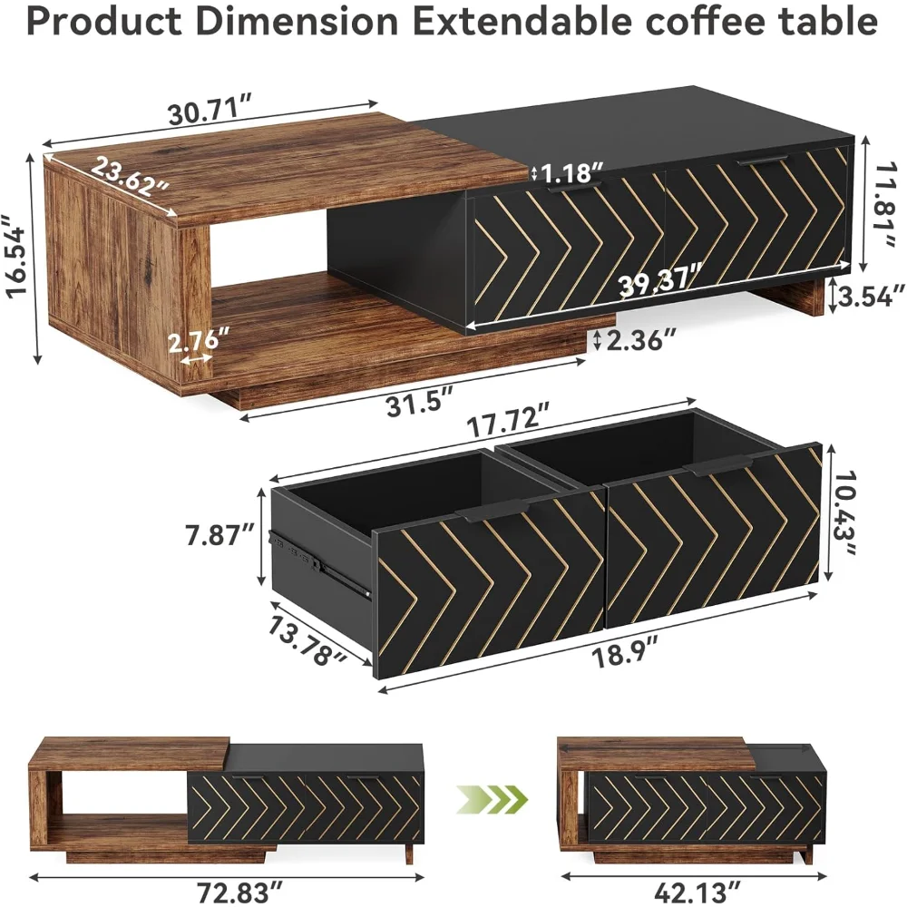 Meja Kopi Kayu yang Dapat Diperluas dengan 2 Laci, Cocok untuk Ruang Tamu dan Kantor