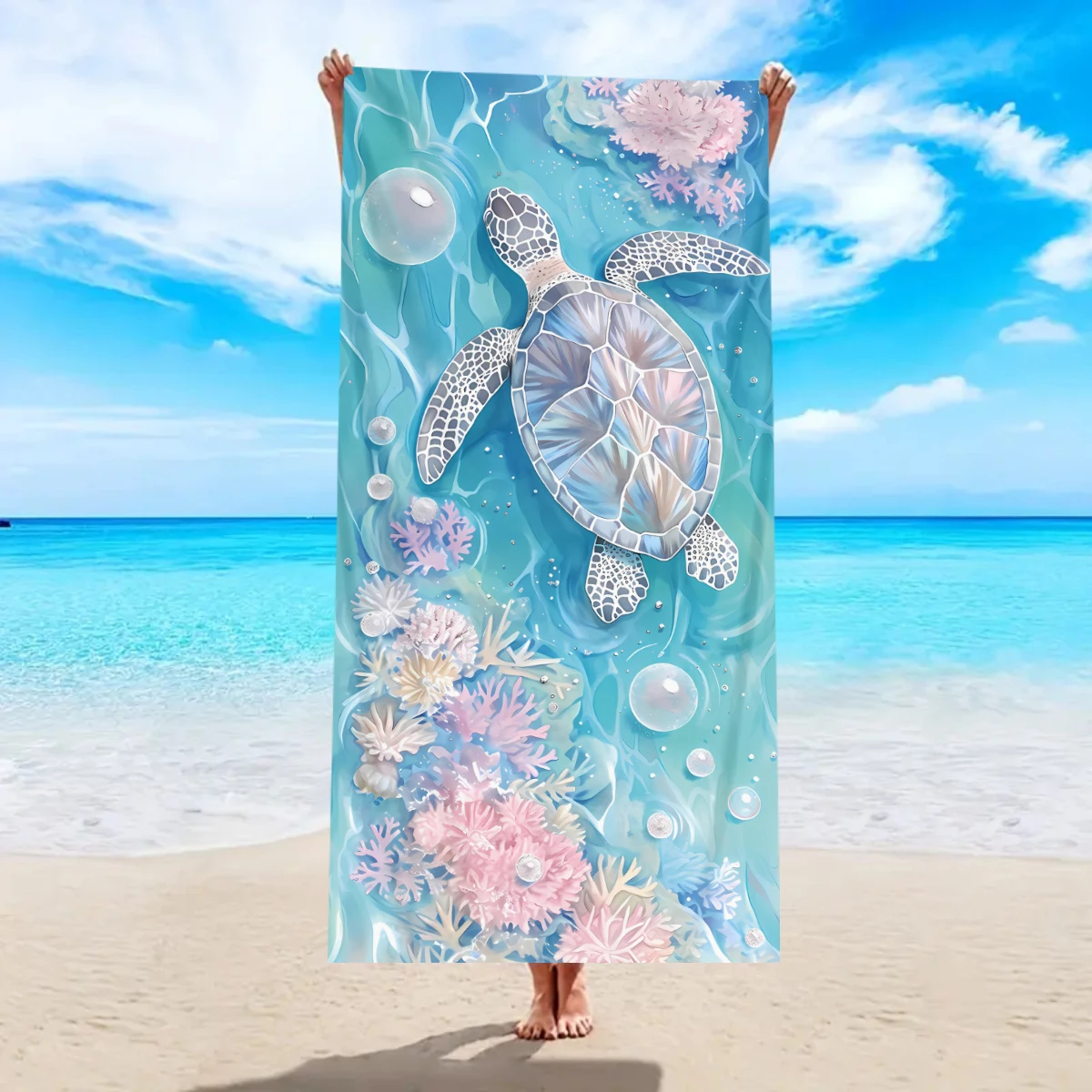 150/178cm 1Pc Ocean Element Large Beach Towel Sea Turtle Starfish Shell Printed Quick Drying Absorbent Beach Towel Blanket