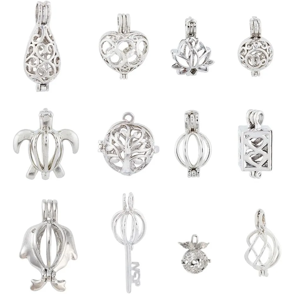 

12Pcs 12 Styles Brass Bead Cage Pendants Open Hollowed Out Cage Charm Hollow Filigree Cage Pendants Chime Ball Pendants