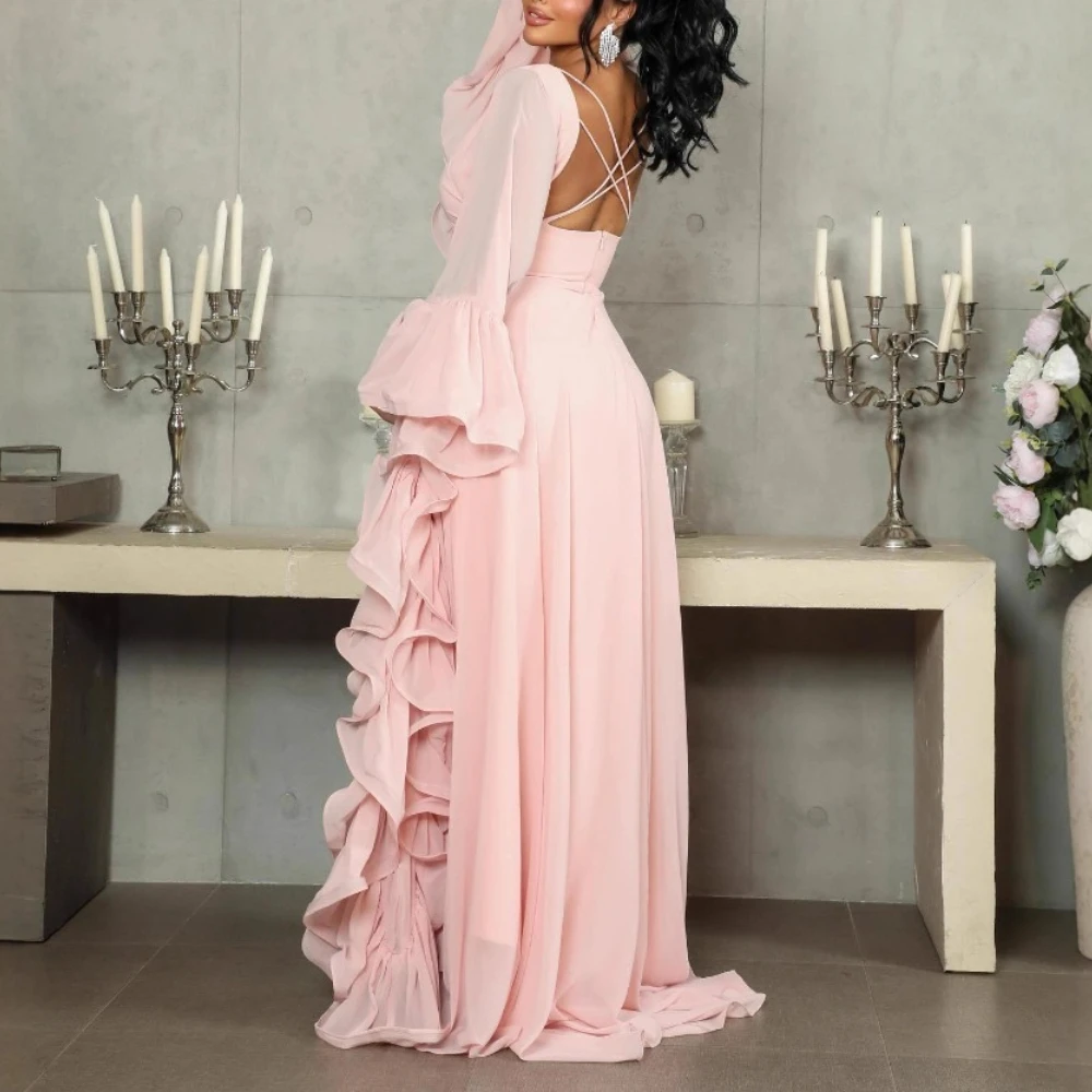 VGH Abiti lunghi sexy di lusso a sbuffo per le donne O collo manica lunga Patchowrk volant vita alta abito da sera trasparente primavera femminile