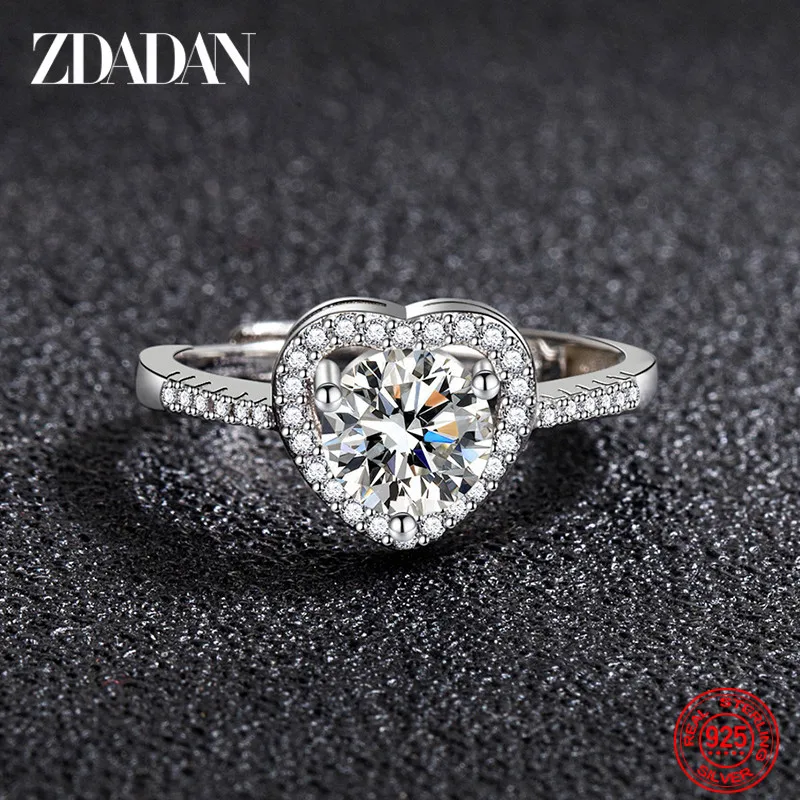 ZDADAN 925 Sterling Silver Heart Adjustable Ring For Women Fashion Party Jewelry