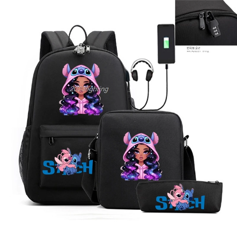 Lilo Stitch Backpack 3pcs An-ti Lock USB Capacity School Bags For Boys Girls Cartoon Travel Mochilas With Shoulder Bags