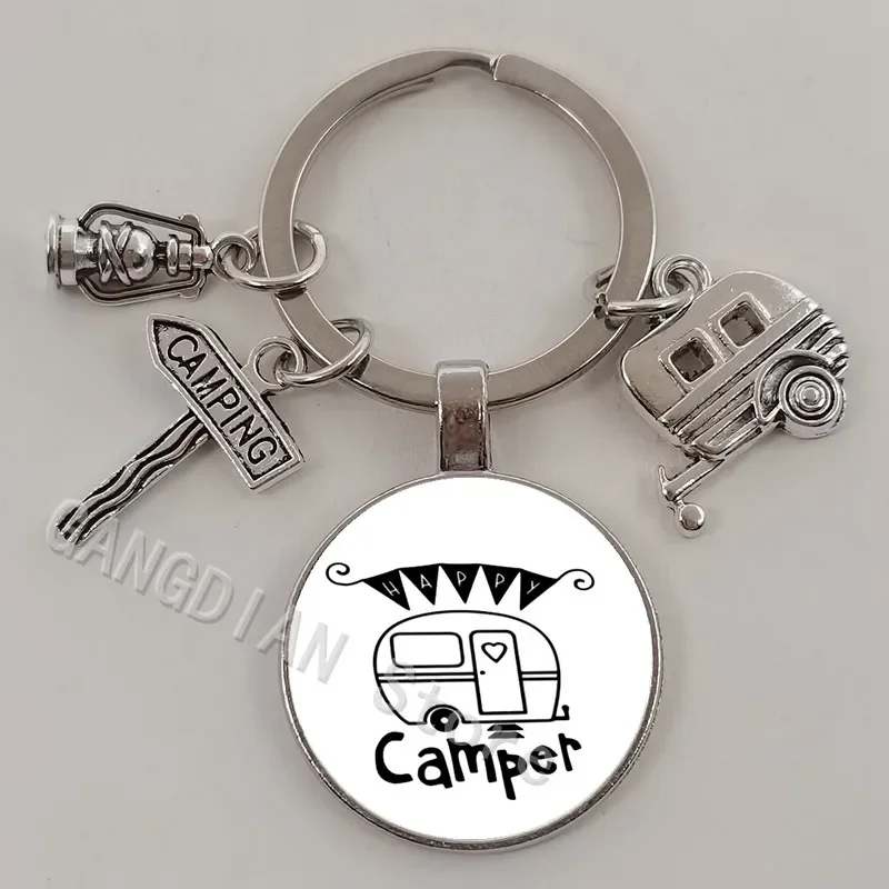 Happy Camping Cute Station wagon Campsite Road Sign Keychain Glass Traveler Trailer Sign Keychain, Holiday Travel Memorial Gift