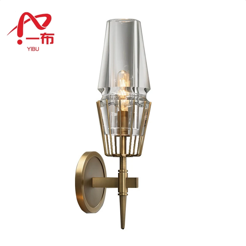 

Nordic Gold Background Wall Lamp For Hallway Stairwell Loft Bedroom Bedside All Copper Body Lighting Fixtures Free Light Source