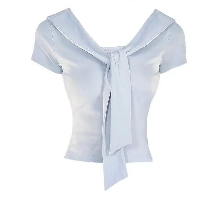 Korean Style V-Neck Tie-Detail Short-Sleeve Modal Cotton Slimming T-Shirt Women's Summer Fashionable Versatile High-Waisted Top