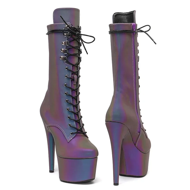 Leecabe 17CM/7inches PU upper Reflective material Pole dancing shoes High Heel platform Boots Pole Dance boot