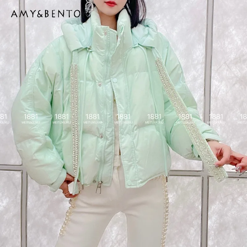 Mint Green Streamer Nail Diamond Coton-padded Jacket Women's Short Hooded Fashion Korean Bread Clothes White Duck Down Candy Top