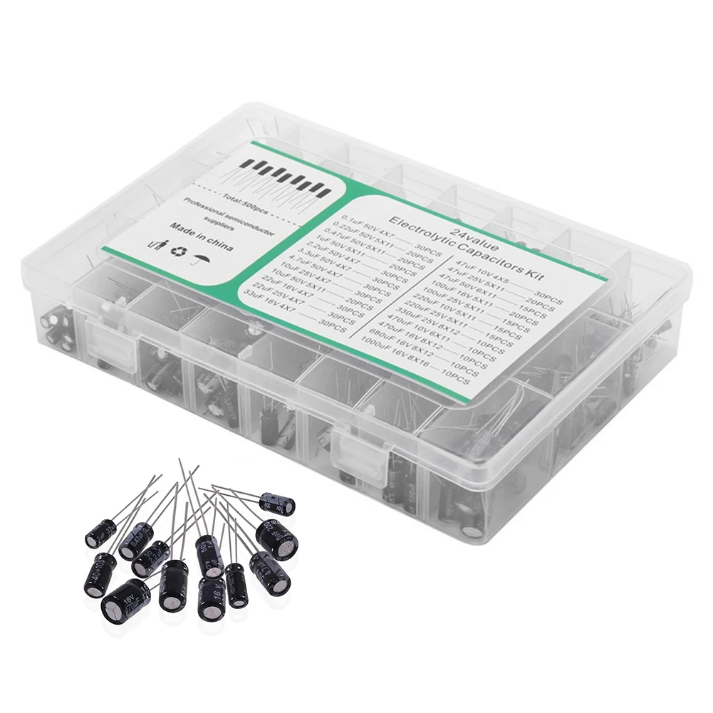 500Pcs 16V-50V 0.1uF-1000uF Aluminum Electrolytic Capacitor Assorted Kit Box Electrolytic Capacitor 24 Specifications