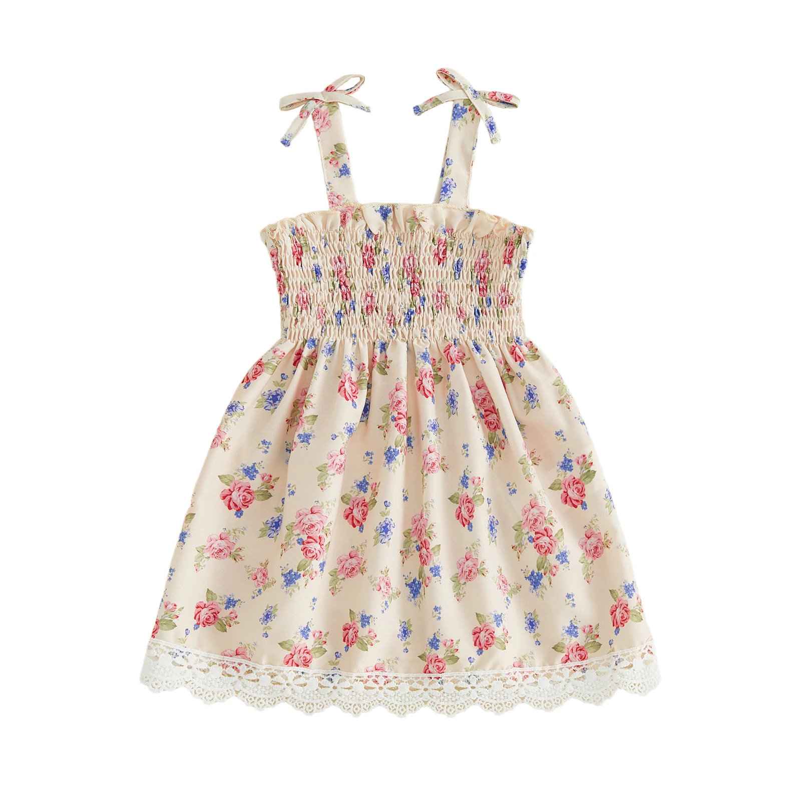 

Baby Girl Summer Dress Sleeveless Bow Shoulder Floral Print A-Line Dress Toddler Smocked Dress