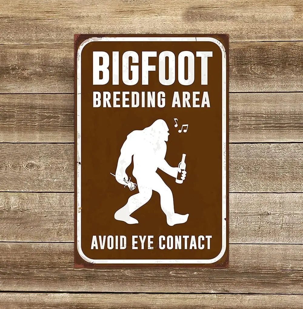 Bigfoot Humor Breeding Area, Avoid Eye Contact Road Sign Vintage Home Wall Decor Room Decor Metal Sign 8x12 inch