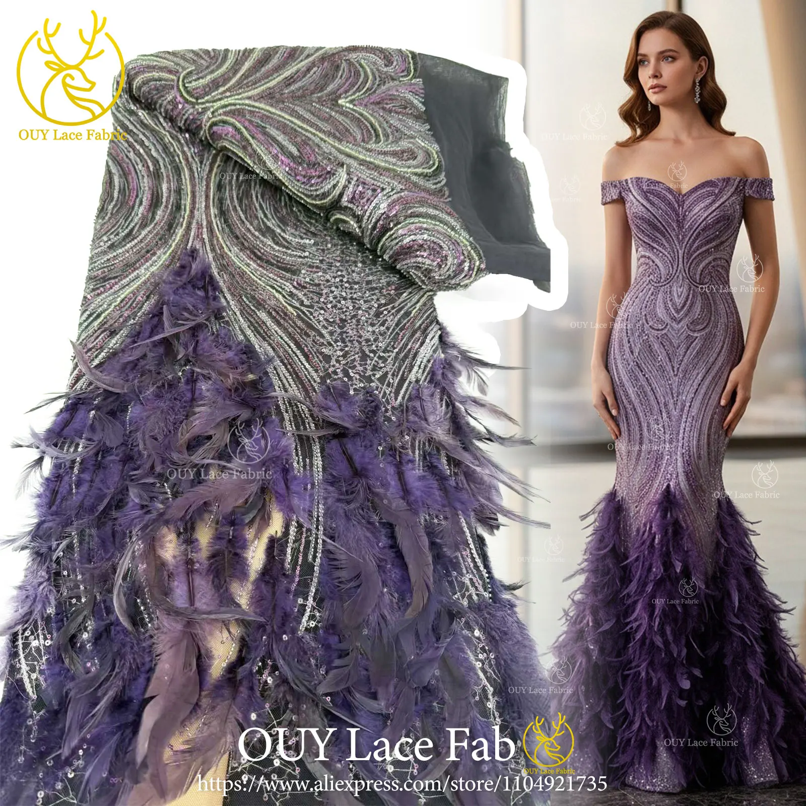 الأرجواني ثلاثية الأبعاد ريشة الأفريقي مطرز أقمشة الدانتيل 2026 الفاخرة النيجيري مطرزة أقمشة الدانتيل هوت كوتور ثوب مواد الخياطة