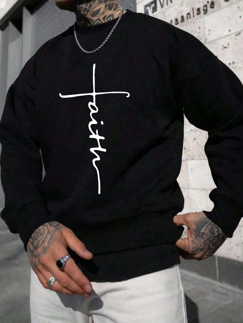 

Faith Print Mens Versatile Long Sleeve Comfy Sweatshirt 2025 Autumn Winter Round-neck Hoodie Is for Both Men and Women Top