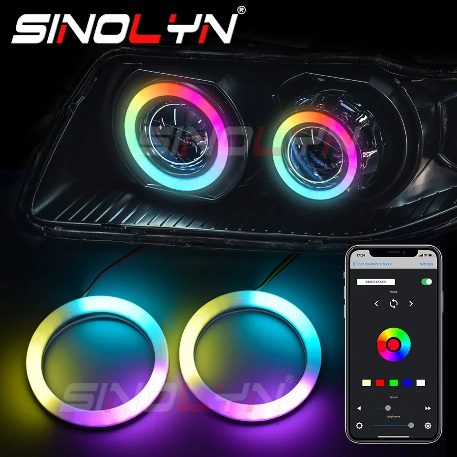 

Sinolyn RGB Angel Eyes LED Dynamic Revolving DRL Running Lights For Car Headlight Sequential Flowing APP Control Car Accessories