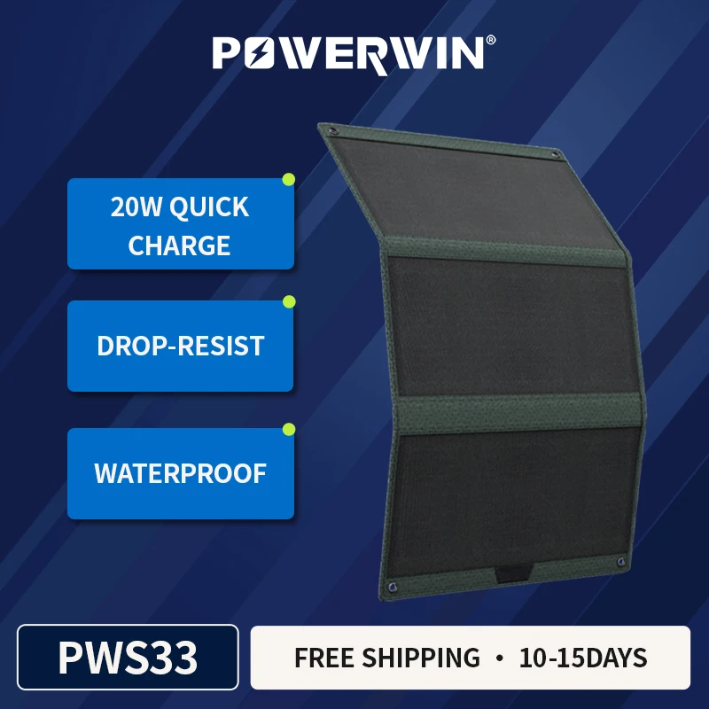 

POWERWIN PWS30 Foldable Solar Panel PD20W Type-C USB and DC5521 IP65 Water Resist Soft 33W ETFE for Fast Charge Mobile Devices