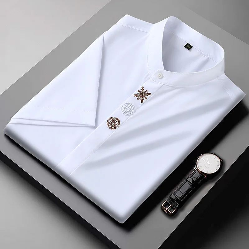 Camisa bordada solta de manga curta masculina, elegante vestido de casamento, camisa casual empresarial, tamanho grande, verão