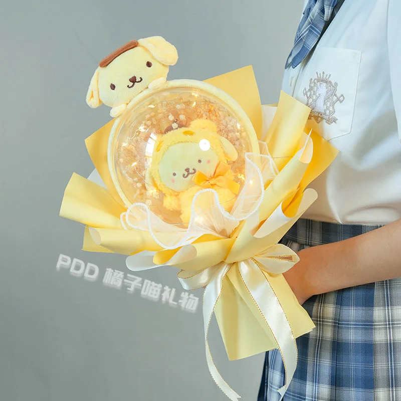 ไฟ Led การ์ตูน Sanrio Cinnamoroll HelloKitty Plush Bouquet Kuromi ตุ๊กตาตุ๊กตาช่อดอกไม้วันวาเลนไทน์ Kado Wisuda