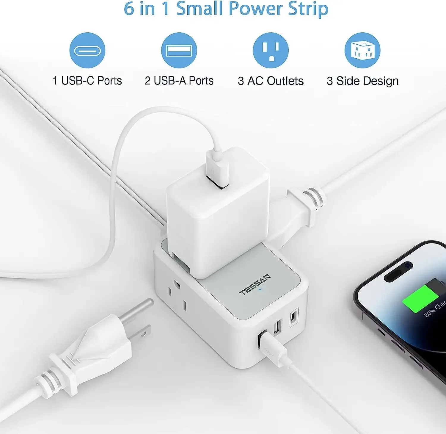 TESSAN Small Flat Plug Power Strip with 3 Outlets +2 USB Ports +1 Type C 6 In 1 Travel Socket with 5ft Ultra Thin Extension Cord