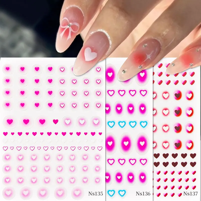 Czarny biały wzór serca miłosnego 3D naklejka na paznokcie na walentynki brokat czerwony samoprzylepny suwak naklejki Manicure NailDecoratio