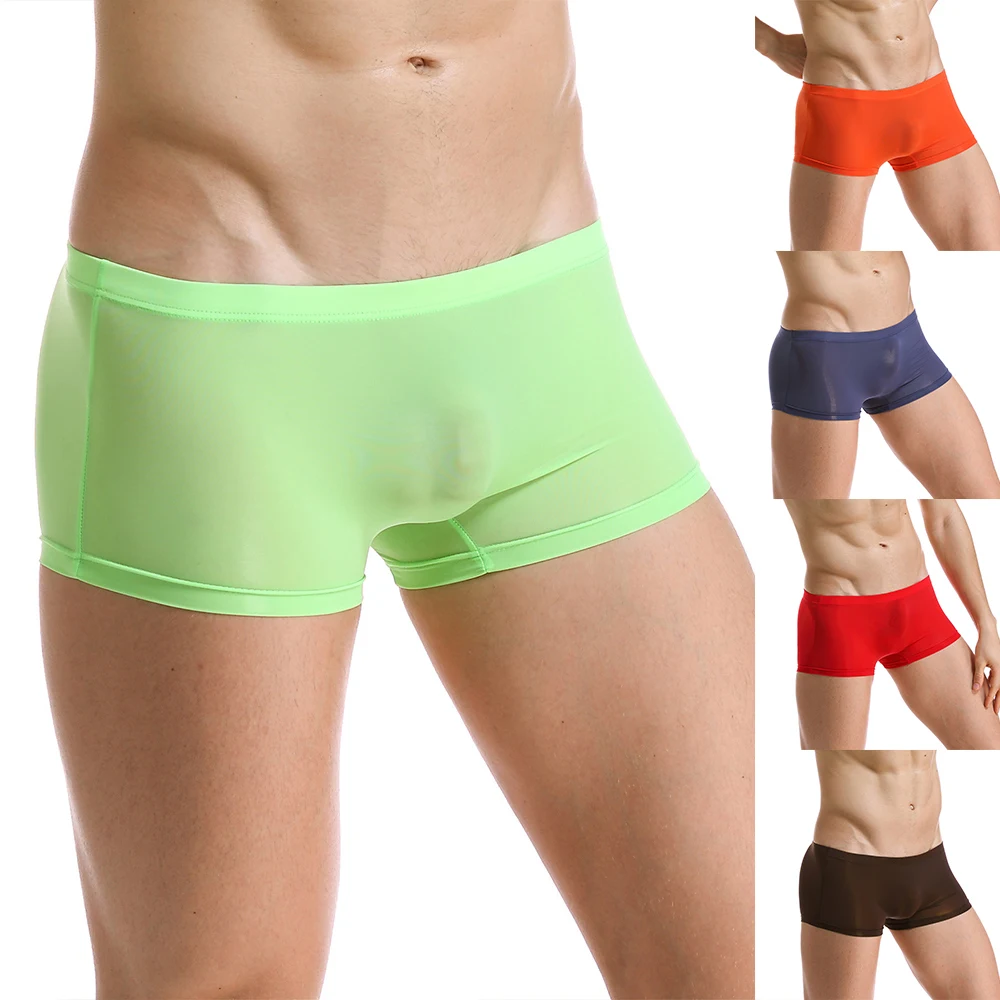 Calção boxer de seda gelo masculino, cueca respirável, roupa interior sexy, respirável, macio, cintura baixa, transparente, super fino