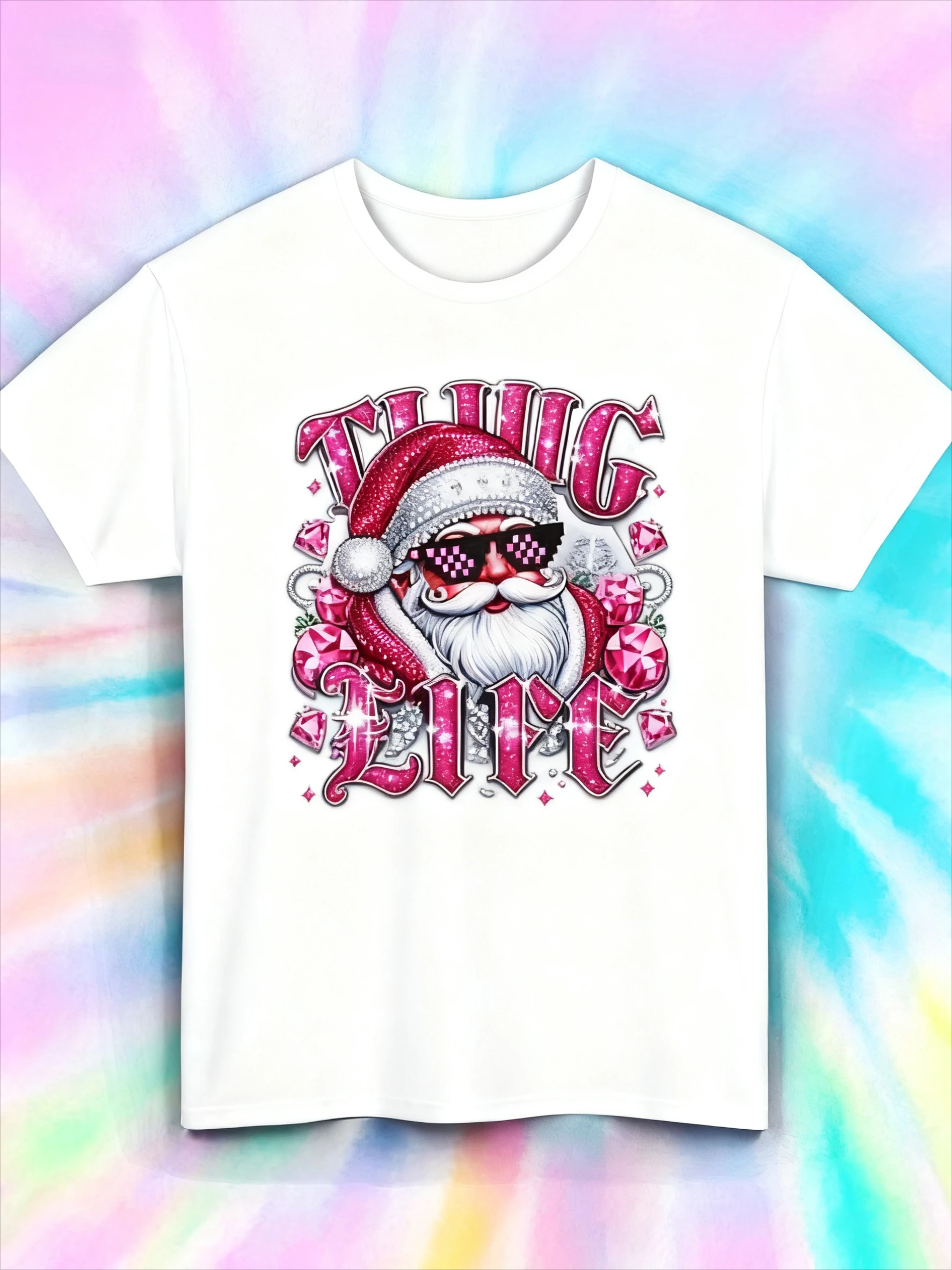 تي شيرت أسود أبيض ووردي ريترو 80s Pop Art Santa Claus مع طباعة شعار THUG LIFE - 100% بأكمام قصيرة قابلة للتنفس Casu #5