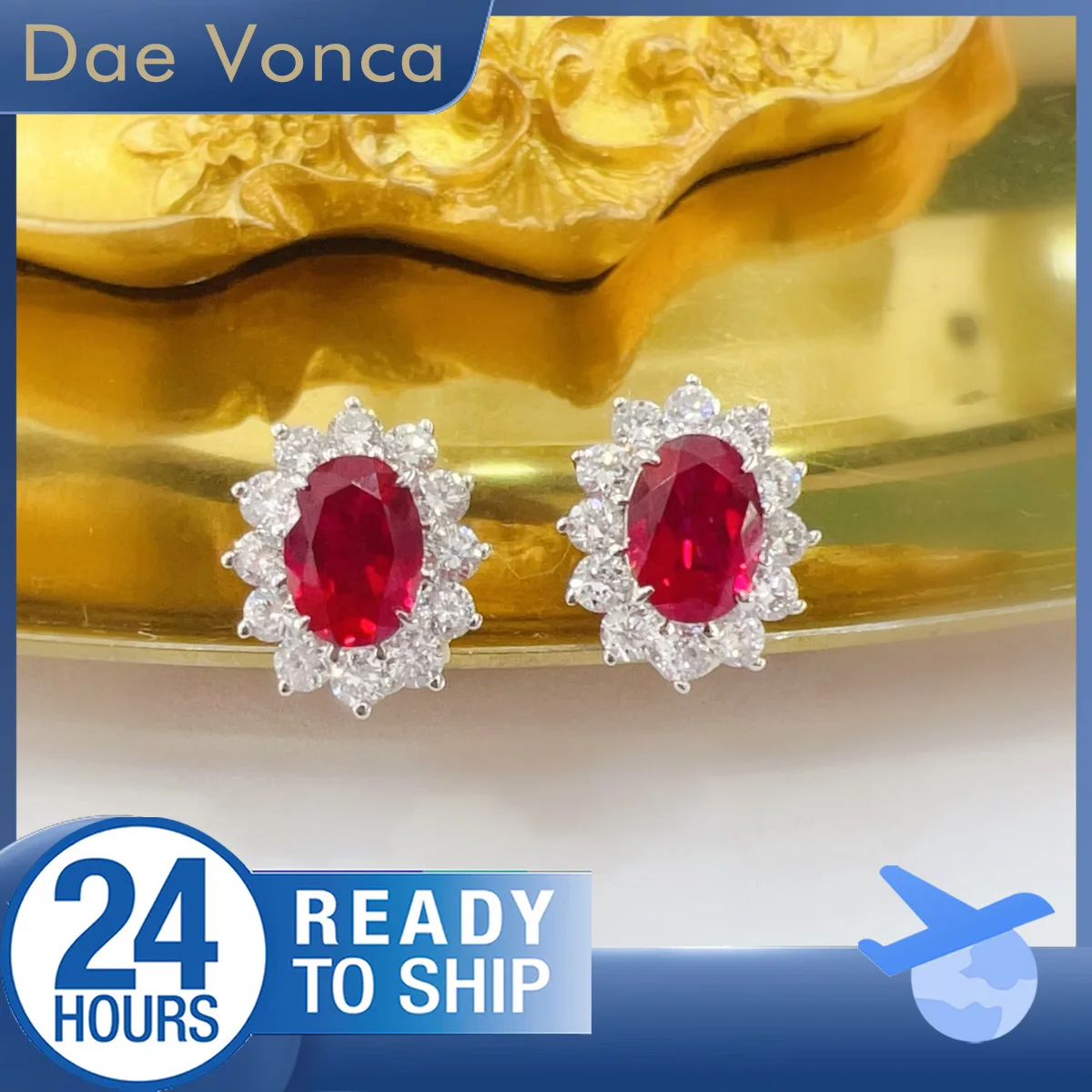 

Center Stone Oval Cut Lab Grown Ruby Earrings 18K White Gold Sunflower Shaped Lab Ruby Stud Earrings Fine Jewelry For Women