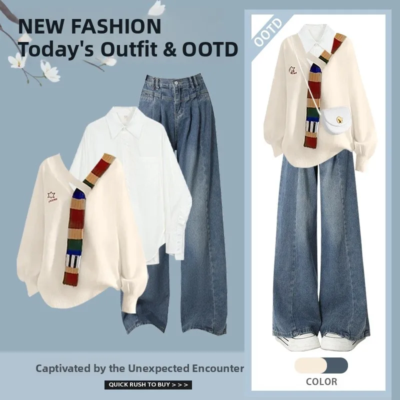 

Large Size Autumn Knitted Sweater And High Waist Jeans Women's Fashion Set Three Pieces Splicing Style for Young Ladies