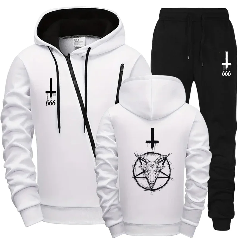 

Satan Mens Diagonal Zipper Tracksuit 2025 New Motorcycle Hoodie with Sweatpants Set Urban Streetwear Autumn Winter Casual Outfit