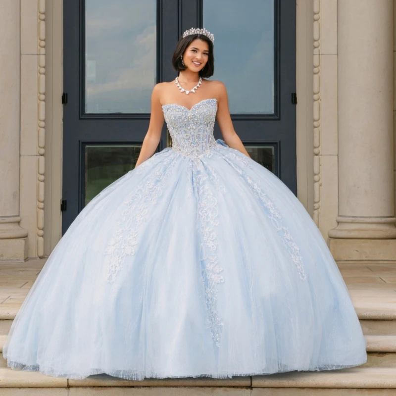 

Sky Blue Shiny Quinceanera Dresses Off Shoulder Ball Gown Sweet 16 Dress Applique Lace Beading Bow Tull Birthday Party Vestidos
