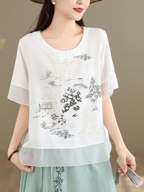 

2026 New Summer Embroidered Artistic ort Sve round Ne Top Large Size Women's Faion Retro Sle Casual Wear Polyester...