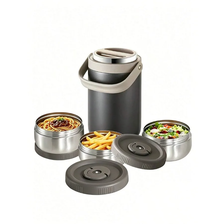 

60 Oz Adults Stainless Steel Vacuum ulatedThermal Lunch Box, 3 Tier Stackable SealedLeak-Proof Wide Mouth Portable Bento FoodCo