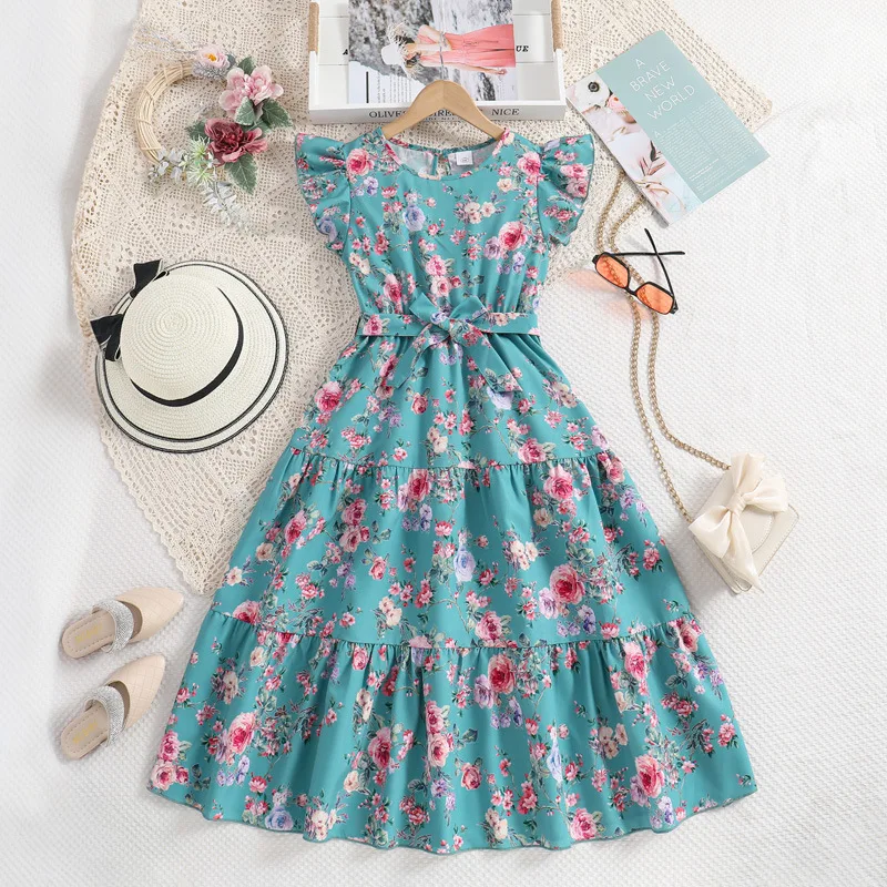 Kids Casual Dress for Girls Clothes Summer New Children Fashion Floral Print Blue A-line Princess Dress with Belt 7-14Y