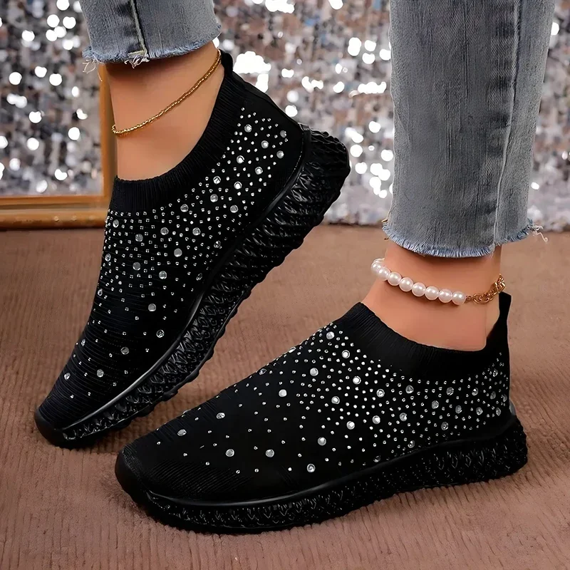 Shiny Crystal Knitted Mesh Black Sneakers Women Plus Size Breathable Casual Walking Shoes Slip On Glitter Non Slip Flats Shoes