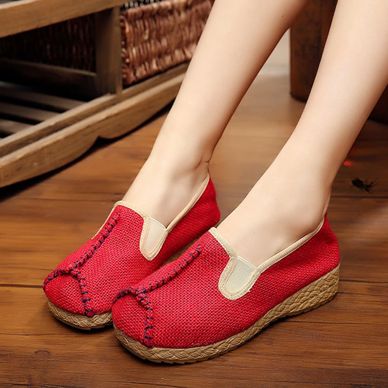 

Ethnic Style Casual Cotton Linen Rattan Straw Cow Tendon Sole Literary Couple Retro Loafers Comfortable Breathable Women Shoes