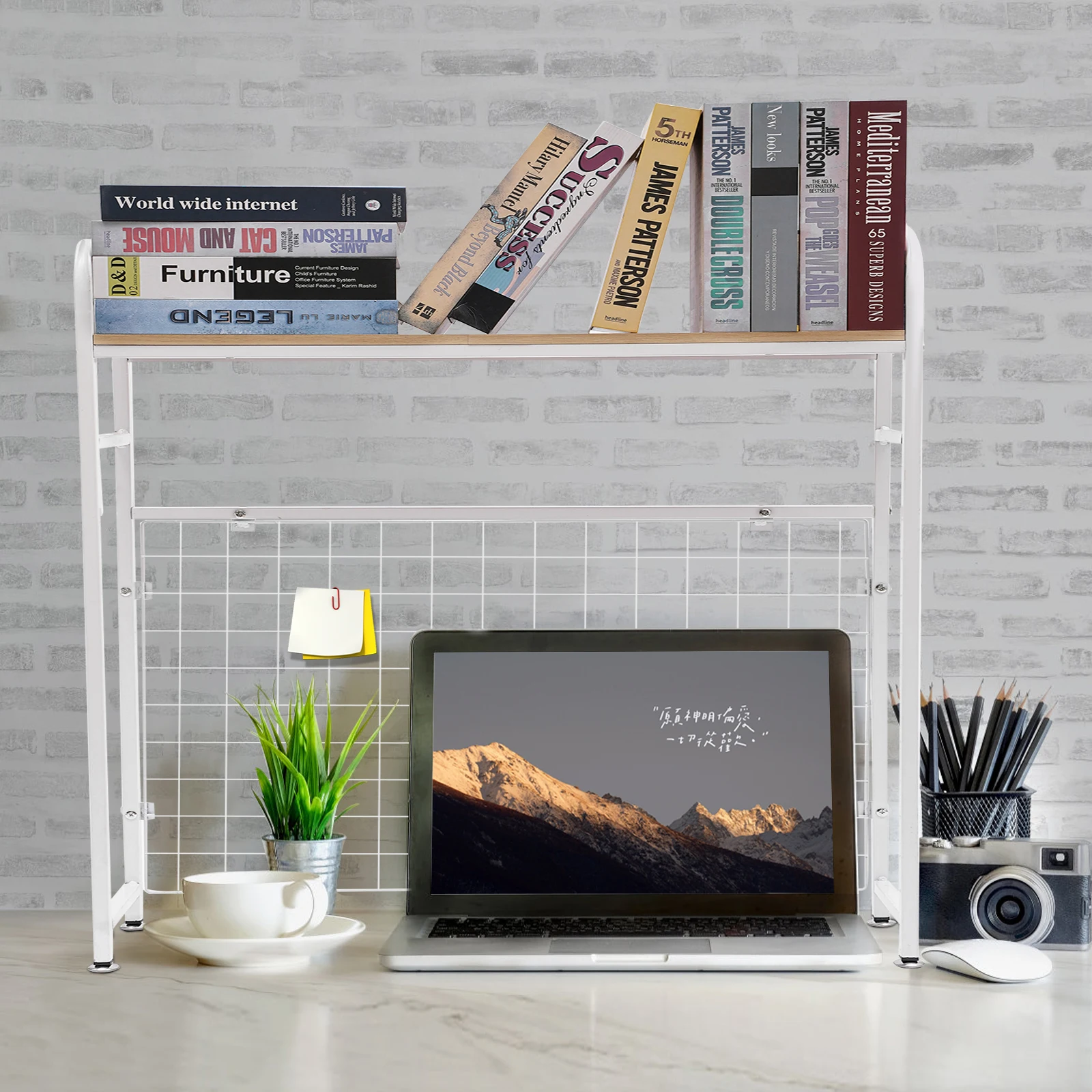 

Desktop Bookshelf Desk Storage Shelf with Grid Office Table Computer Rack White